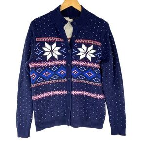 VTG Lands End Nordic Fair Isle Cardigan Sweater Women L Blue Cotton Wool Blend